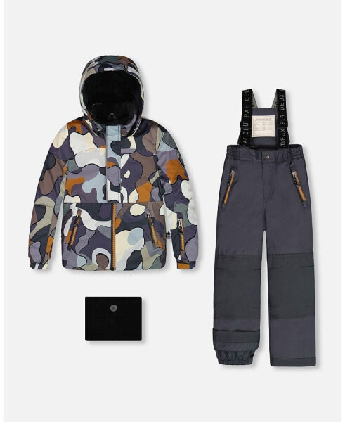 Big Boys Two Piece Snowsuit Solid Pant And Print Jacket Dark Gray Camo