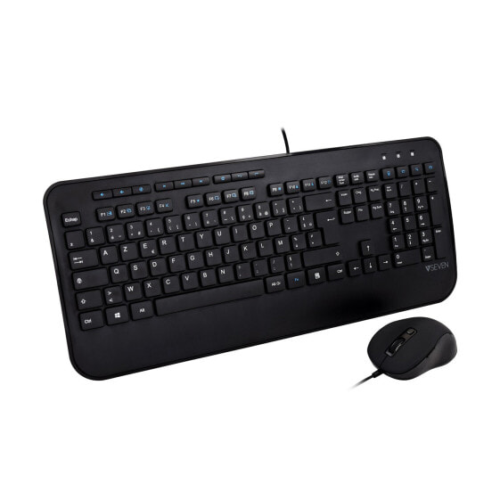 V7 Full Size USB Keyboard with Palm Rest and Ambidextrous Mouse Combo - FR - Full-size (100%) - USB - Membrane - AZERTY - Black - Mouse included