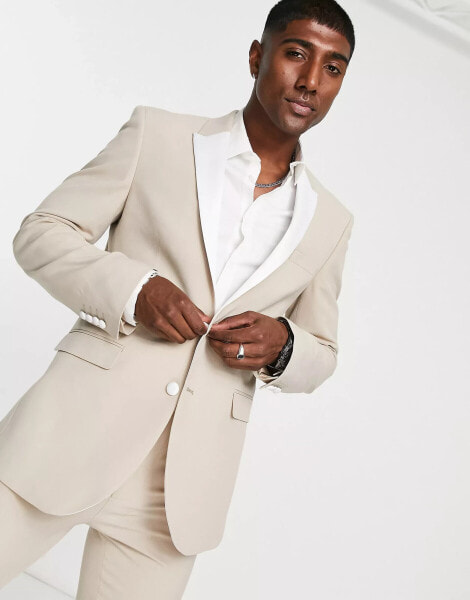 ASOS DESIGN super skinny tuxedo suit jacket in stone