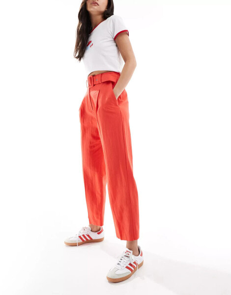 ASOS DESIGN tailored belted trouser with linen in red