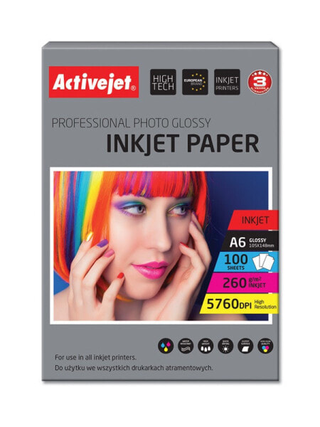 Activejet AP6-260GR100 glossy photo paper for ink printers; A6; 100 pcs - Gloss - 260 g/m² - Inkjet - A6 - White - Resin