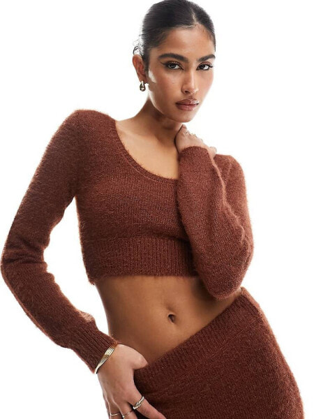 ASOS DESIGN crop jumper with scoop neck in fluffy yarn in toffee co-ord