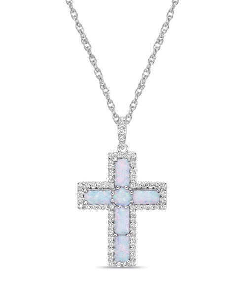 Macy's sterling Silver Halo Birthstone Style Created Opal and Created White Sapphire Fancy Cut Cross Pendant Necklace