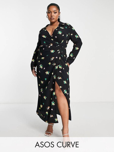 ASOS DESIGN Curve ruched front button up wrap shirt midi dress in black floral print
