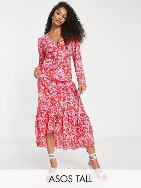 ASOS DESIGN Tall hi low hem midi dress in pink and red splice floral print