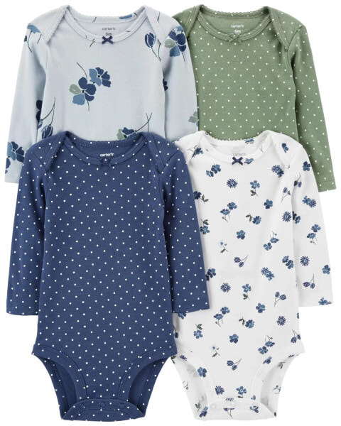 Baby 4-Pack Long-Sleeve Floral & Polka Dot Bodysuits NB