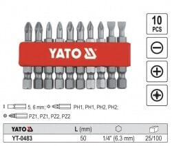 Yato Końcówki wkrętakowe 5,6mm Ph1 Ph2 Pz1 Pz2 50mm 1/4 10szt. YT-0483