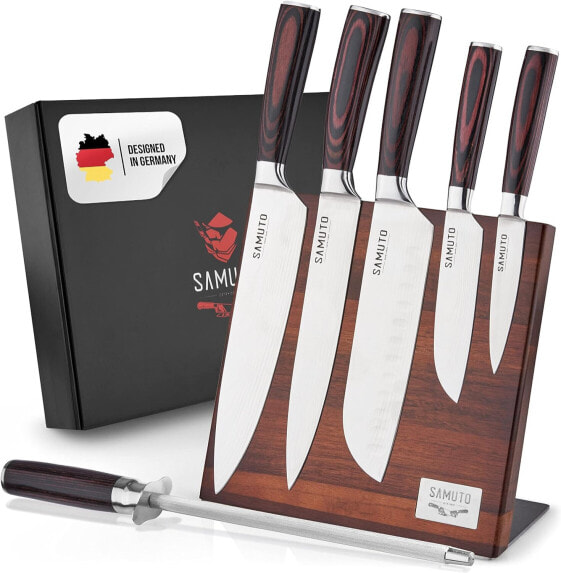 Samuto Knife Set, 5 Asian Stainless Steel Knives with Sharpener and Magnetic Knife Block, Chef's Knife with Ergonomic Pakka Wood Handle Including Gift Box, Perfect Kitchen Accessories, Designed in