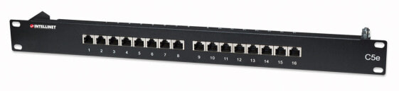 Intellinet Patch Panel - Cat5e - FTP - 16-Port - 1U - Shielded - 90° Top-Entry Punch Down Blocks - Black - IEEE 802.3 - IEEE 802.3ab - IEEE 802.3u - Fast Ethernet - Gigabit Ethernet - RJ-45 - Gold - Cat5e - F/UTP (FTP)