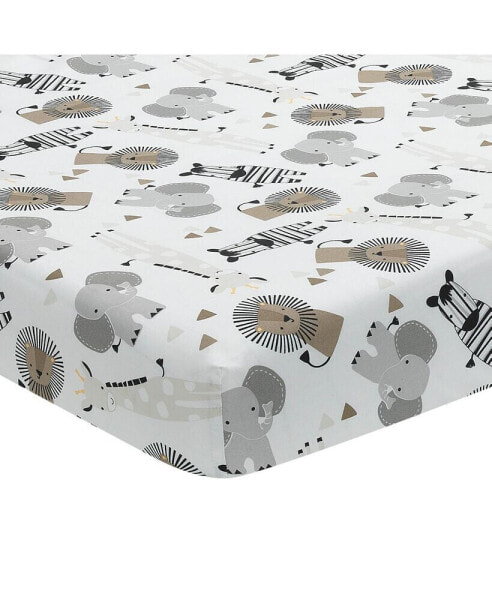 Jungle Safari 100% Cotton White/Gray Elephant/Lion Fitted Crib Sheet