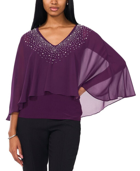 Women's V-Neck Embellished Overlay Top