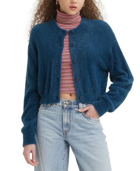 Women's Cat Fuzzy Drop-Shoulder Cropped Cardigan