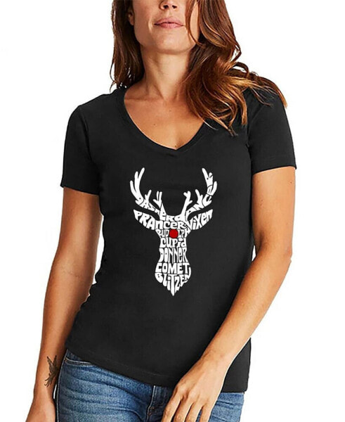 Women's Santa's Reindeer Word Art V-neck T-shirt