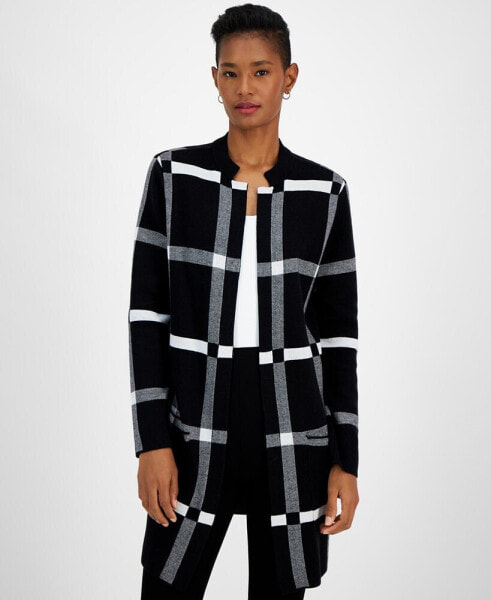 Petite Windowpane-Print Notch-Collar Cardigan