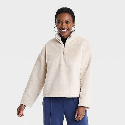 Women's Faux Fur Quarter Zip Sweatshirt - A New Day White M