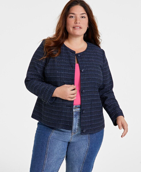 Trendy Plus Size Tweed Collarless Jacket, Created for Macy's