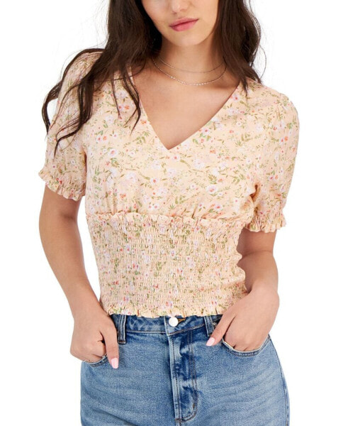 Juniors' V-Neck Smocked Top