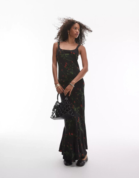 Topshop fluted hem slip midi dress in dark floral