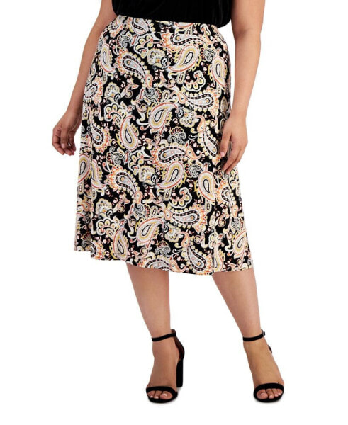 Plus Size Paisley-Print Pull-On Midi Skirt