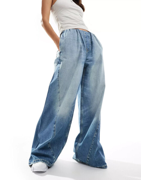 Weekday Mission denim wide leg joggers with seam detail in light blue wash