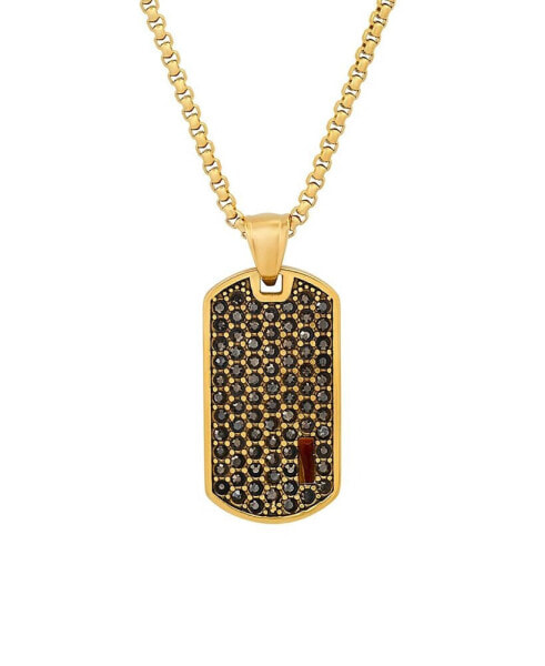 Men's 18k Gold Plated Stainless Steel Simulated Diamonds and Tiger Eye Dog Tag Pendant