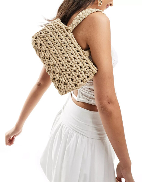 ASOS DESIGN woven grab bag with drawstring closure in sand