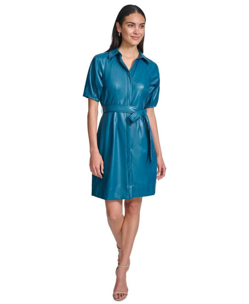 Women's Faux-Leather Belted Shirtdress