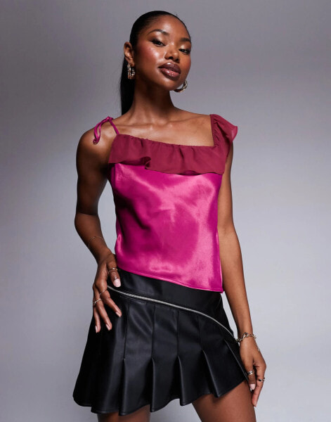 ASOS DESIGN chiffon off shoulder ruffle cami top in rose pink