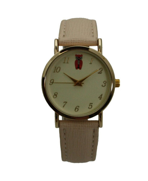 Beige Textured Leather Owl Face Women Watch