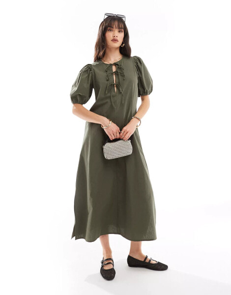 ONLY puff sleeve bow maxi dress in olive