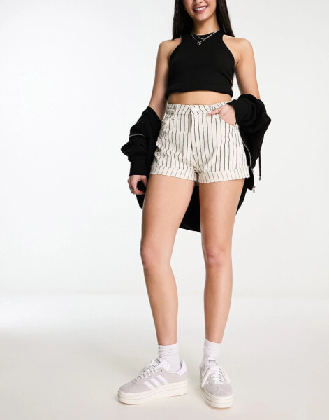 Bershka high waisted denim shorts in ecru stripe