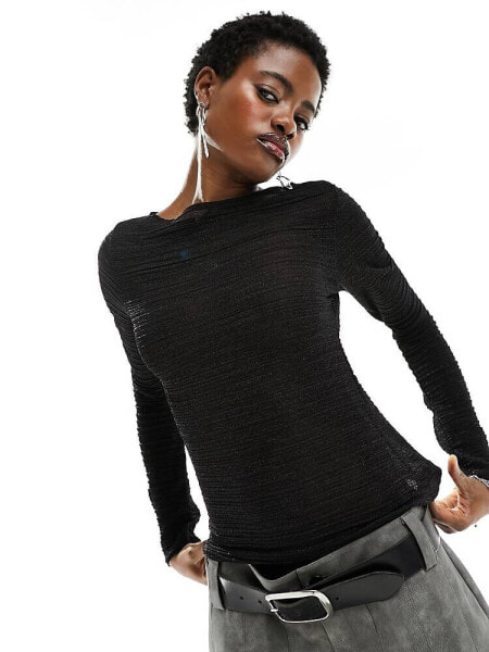 COLLUSION shimmer long sleeve slash neck top in black