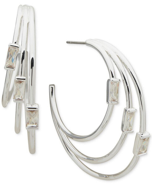 Silver-Tone Medium Baguette Cubic Zirconia Triple-Row C-Hoop Earrings, 1.47"