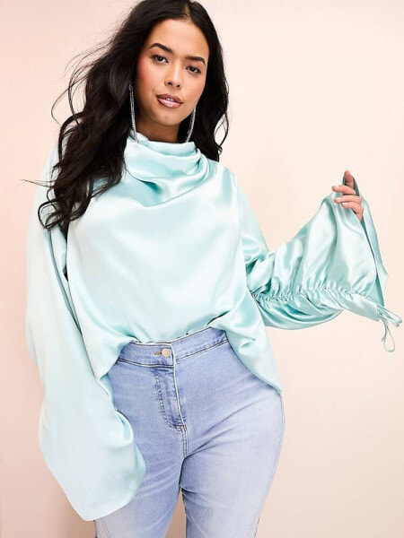 ASOS LUXE Curve exaggerated satin drape top in blue