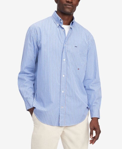 Men's Classic Fit Long-Sleeve Button-Down Striped Poplin Shirt