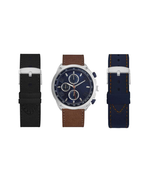 Men's Analog Black Strap Watch 47mm with Brown, Navy and Black Interchangeable Straps Set