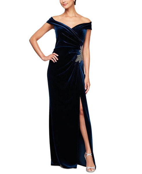 Women's Velvet Off-The-Shoulder Evening Gown