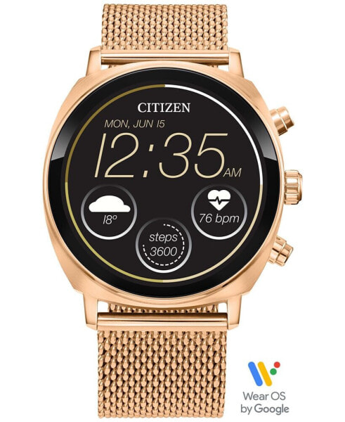 Unisex CZ Smart Wear OS Rose Gold-Tone Stainless Steel Mesh Bracelet Smart Watch 41mm