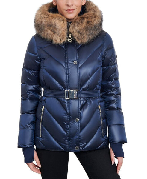 Women's Shine Belted Faux-Fur-Trim Hooded Puffer Coat