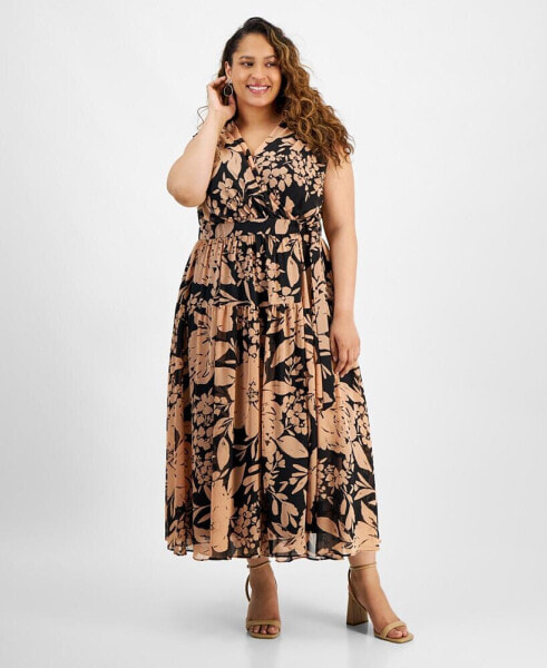 Plus Size Printed Cap-Sleeve Midi Wrap Dress