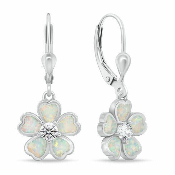 Silver dangle earrings Flowers with white opals EA1097W