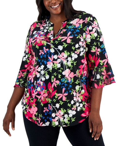 Plus Size Floral-Print 3/4-Ruffled-Sleeve Blouse