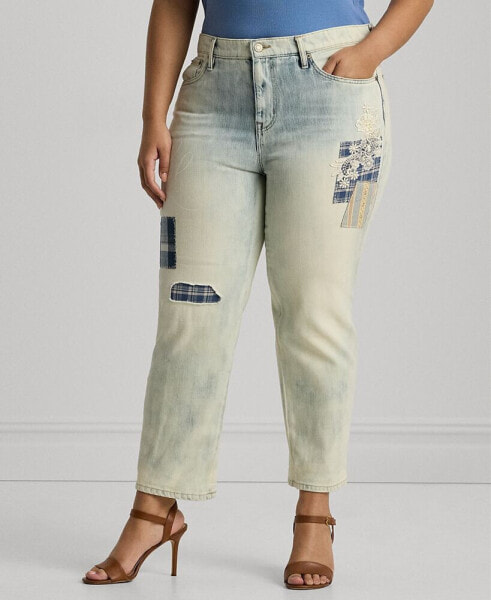 Plus Size Mid-Rise Tapered Patchwork Jeans