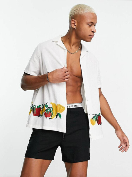 ASOS DESIGN relaxed revere linen mix shirt with fruit embroidered border