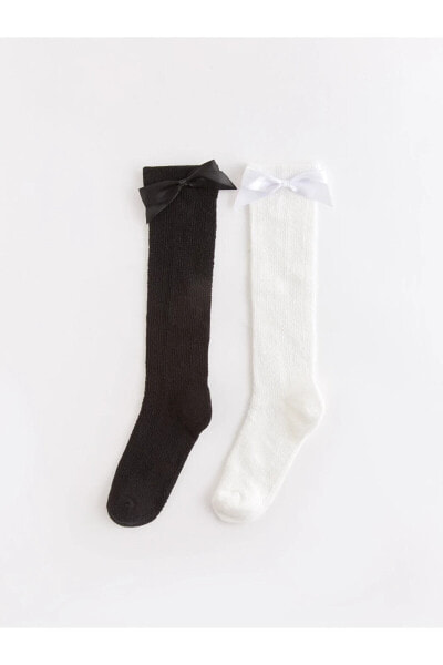 Fiyonk Detaylı Kız Çocuk Diz Altı Çorap 2'li