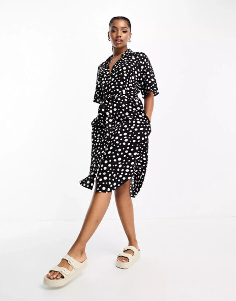 Monki tie waist midi shirt dress in black and white spots