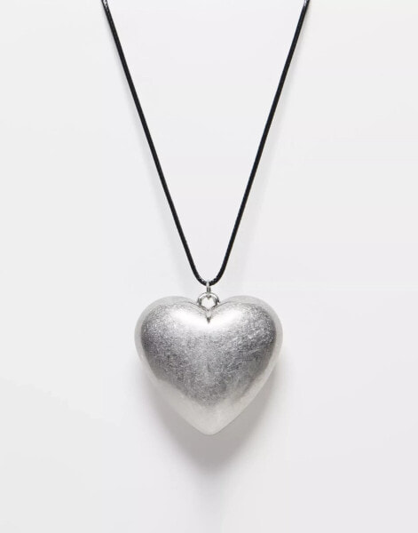 ASOS DESIGN pendant necklace with large puff heart detail in silver tone