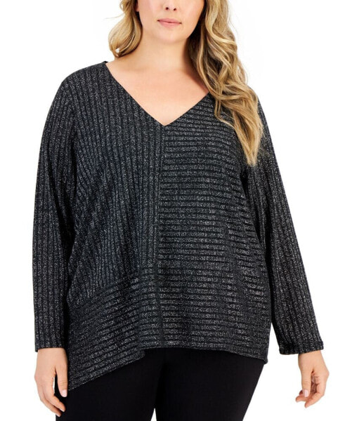 Plus Size Asymmetric Metallic Striped Long-Sleeve Top