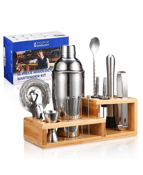 Premium 14 Piece Stainless Steel Bartender Kit with Bamboo Stand