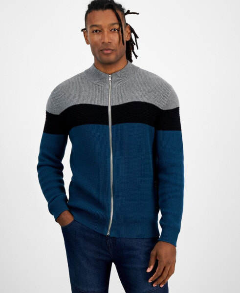 Men's Cotton Colorblocked Full-Zip Sweater, Created for Macy's
